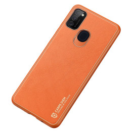 Elegantiškas Dux Ducis Yolo dėklas su ekologiškos odos dangteliu, skirtas Samsung Galaxy M30s oranžinei spalvai