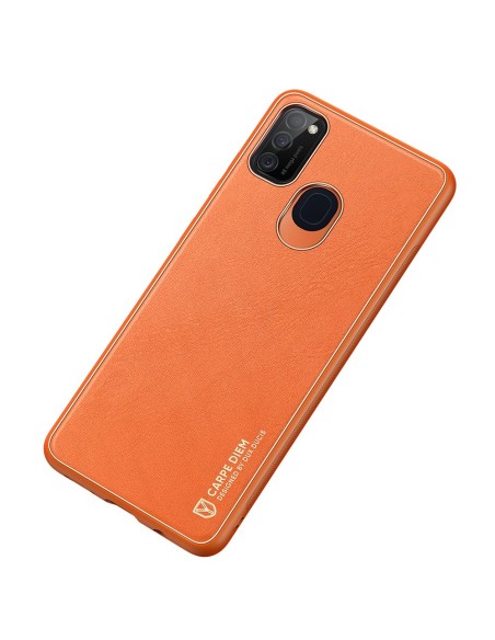 Elegantiškas Dux Ducis Yolo dėklas su ekologiškos odos dangteliu, skirtas Samsung Galaxy M30s oranžinei spalvai