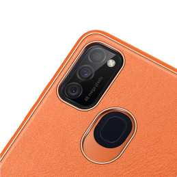 Elegantiškas Dux Ducis Yolo dėklas su ekologiškos odos dangteliu, skirtas Samsung Galaxy M30s oranžinei spalvai