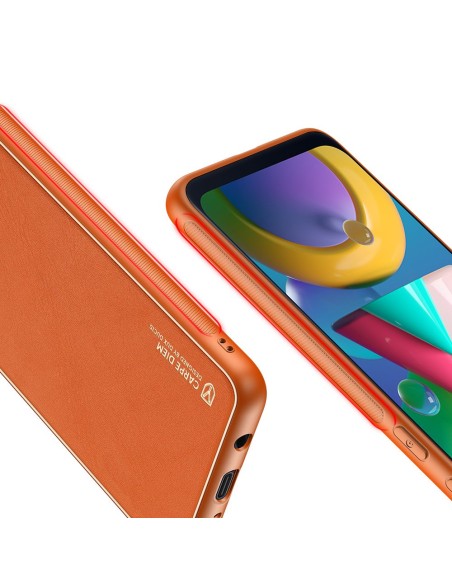 Elegantiškas Dux Ducis Yolo dėklas su ekologiškos odos dangteliu, skirtas Samsung Galaxy M30s oranžinei spalvai