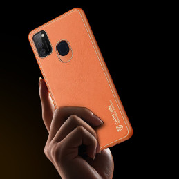 Elegantiškas Dux Ducis Yolo dėklas su ekologiškos odos dangteliu, skirtas Samsung Galaxy M30s oranžinei spalvai