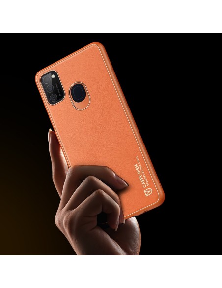 Elegantiškas Dux Ducis Yolo dėklas su ekologiškos odos dangteliu, skirtas Samsung Galaxy M30s oranžinei spalvai