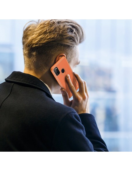 Elegantiškas Dux Ducis Yolo dėklas su ekologiškos odos dangteliu, skirtas Samsung Galaxy M30s oranžinei spalvai
