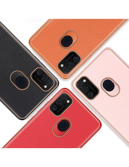 Elegantiškas Dux Ducis Yolo dėklas su ekologiškos odos dangteliu, skirtas Samsung Galaxy M30s oranžinei spalvai