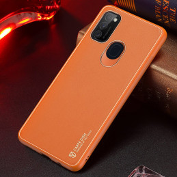 Elegantiškas Dux Ducis Yolo dėklas su ekologiškos odos dangteliu, skirtas Samsung Galaxy M30s oranžinei spalvai