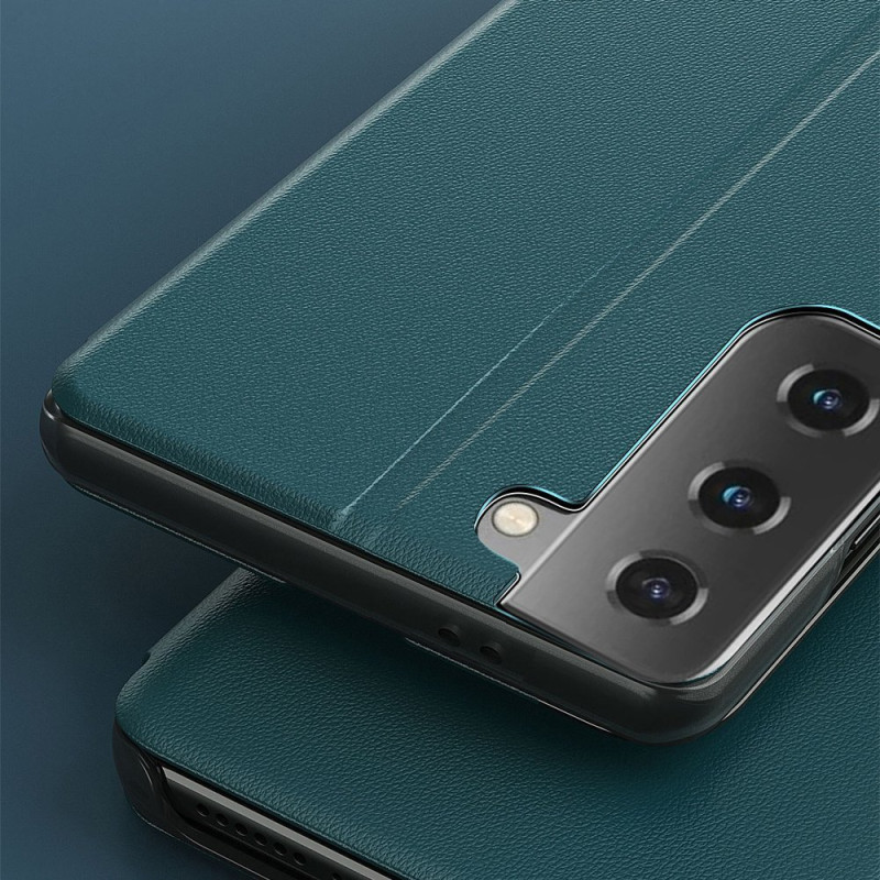 Eco Leather View Case elegantiškas dėklas su atvartu ir stovo funkcija, skirta Samsung Galaxy S21+ 5G (S21 Plus 5G) oran...