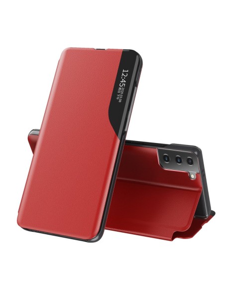 Eco Leather View Case elegantiškas dėklas su atvartu ir stovo funkcija, skirta Samsung Galaxy S21+ 5G (S21 Plus 5G) raud...