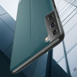 Eco Leather View Case elegantiškas dėklas su atvartu ir stovo funkcija, skirta Samsung Galaxy S21+ 5G (S21 Plus 5G) raud...