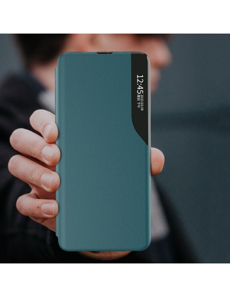 Eco Leather View Case elegantiškas dėklas su atvartu ir stovo funkcija, skirta Samsung Galaxy S21+ 5G (S21 Plus 5G) raud...