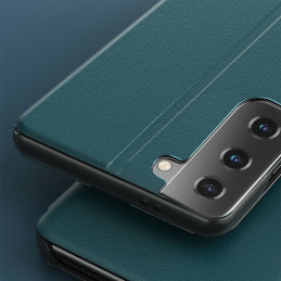 Eco Leather View Case elegantiškas dėklas su atvartu ir stovo funkcija, skirta Samsung Galaxy S21+ 5G (S21 Plus 5G) raud...