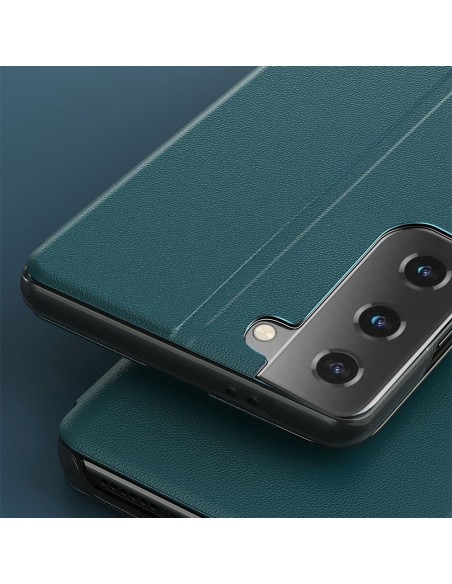 Eco Leather View Case elegantiškas dėklas su atvartu ir stovo funkcija, skirta Samsung Galaxy S21+ 5G (S21 Plus 5G) raud...