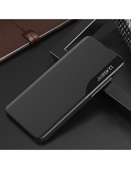 Elegantiškas Eco Leather View Case dėklas su atverčiamu dangteliu ir stovo funkcija, skirta Samsung Galaxy A72 4G juoda