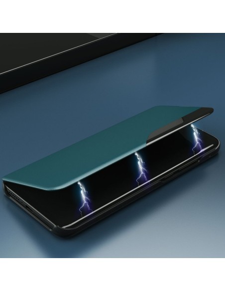 Elegantiškas Eco Leather View Case dėklas su atverčiamu dangteliu ir stovo funkcija, skirta Samsung Galaxy A72 4G juoda