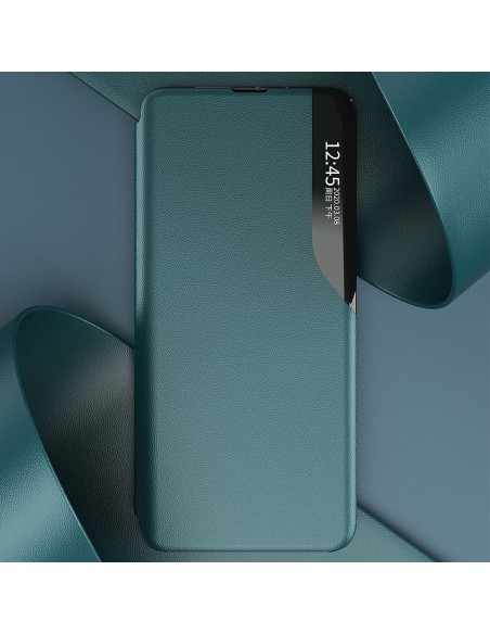 Elegantiškas Eco Leather View Case dėklas su atverčiamu dangteliu ir stovo funkcija, skirta Samsung Galaxy A72 4G juoda