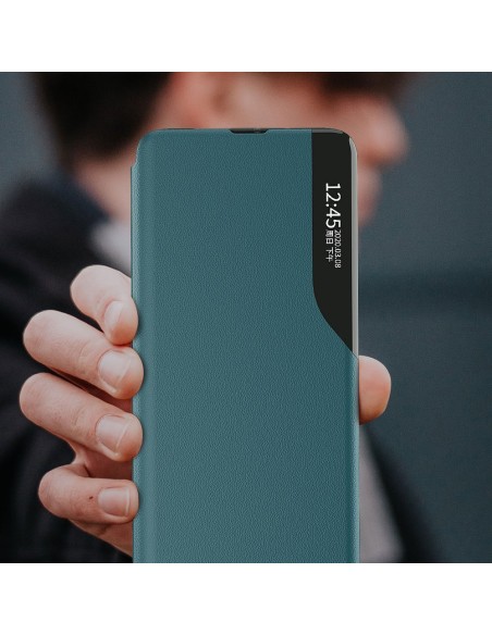 Eco Leather View Case elegantiškas dėklas su atvartu ir stovo funkcija, skirta Samsung Galaxy A72 4G mėlynai