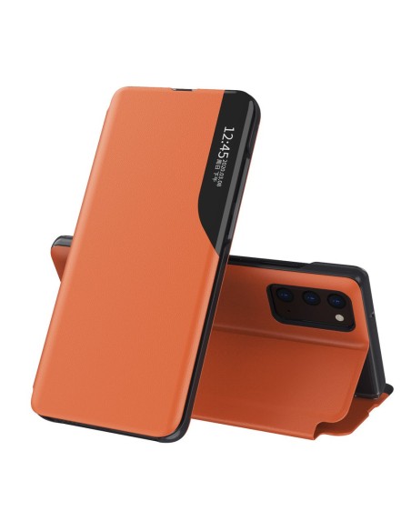 Eco Leather View Case elegantiškas dėklas su atvartu ir stovo funkcija, skirta Samsung Galaxy A72 4G oranžiniam telefonu...
