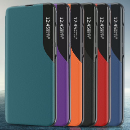 Eco Leather View Case elegantiškas dėklas su atvartu ir stovo funkcija, skirta Samsung Galaxy A72 4G oranžiniam telefonu...