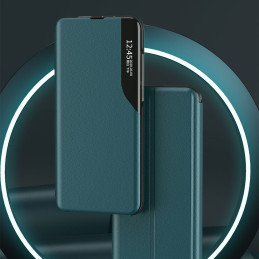 Elegantiškas Eco Leather View Case dėklas su atverčiamu dangteliu ir stovo funkcija, skirta Samsung Galaxy A72 4G purple