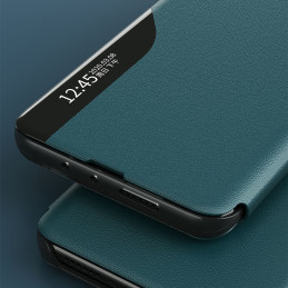 Elegantiškas Eco Leather View Case dėklas su atverčiamu dangteliu ir stovo funkcija, skirta Samsung Galaxy A72 4G purple