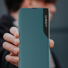 Elegantiškas Eco Leather View Case dėklas su atverčiamu dangteliu ir stovo funkcija, skirta Samsung Galaxy A72 4G purple