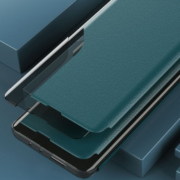 Elegantiškas Eco Leather View Case dėklas su atverčiamu dangteliu ir stovo funkcija, skirta Samsung Galaxy A72 4G purple