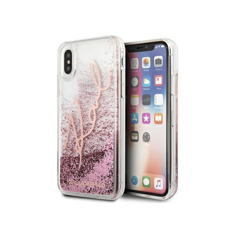 Karl Lagerfeld Glitter Signature dėklas iPhone X/ Xs - rožinis ir auksinis