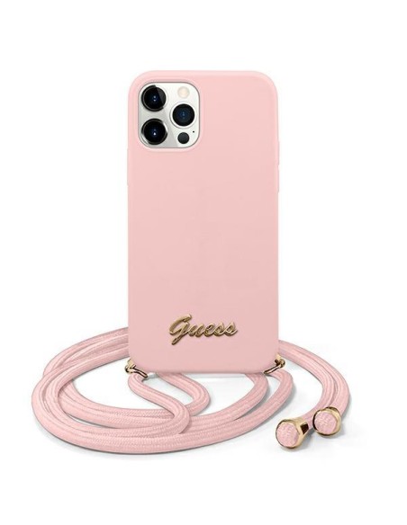 Guess Metal Logo Cord dėklas, skirtas iPhone 12 Pro Max - rožinis