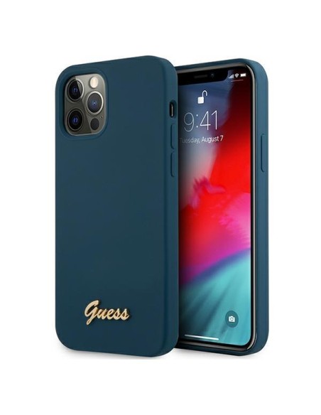 Guess Metal Logo Script dėklas, skirtas iPhone 12 Pro Max - mėlynas