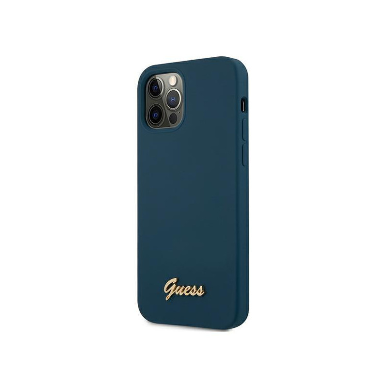 Guess Metal Logo Script dėklas, skirtas iPhone 12 Pro Max - mėlynas