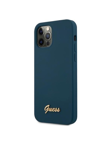 Guess Metal Logo Script dėklas, skirtas iPhone 12 Pro Max - mėlynas