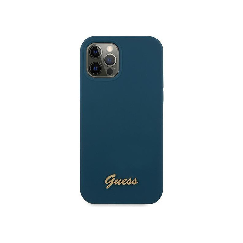 Guess Metal Logo Script dėklas, skirtas iPhone 12 Pro Max - mėlynas