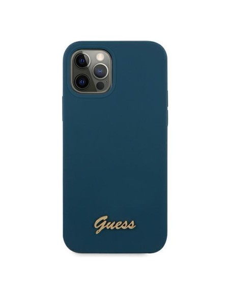 Guess Metal Logo Script dėklas, skirtas iPhone 12 Pro Max - mėlynas
