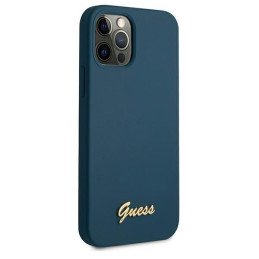 Guess Metal Logo Script dėklas, skirtas iPhone 12 Pro Max - mėlynas