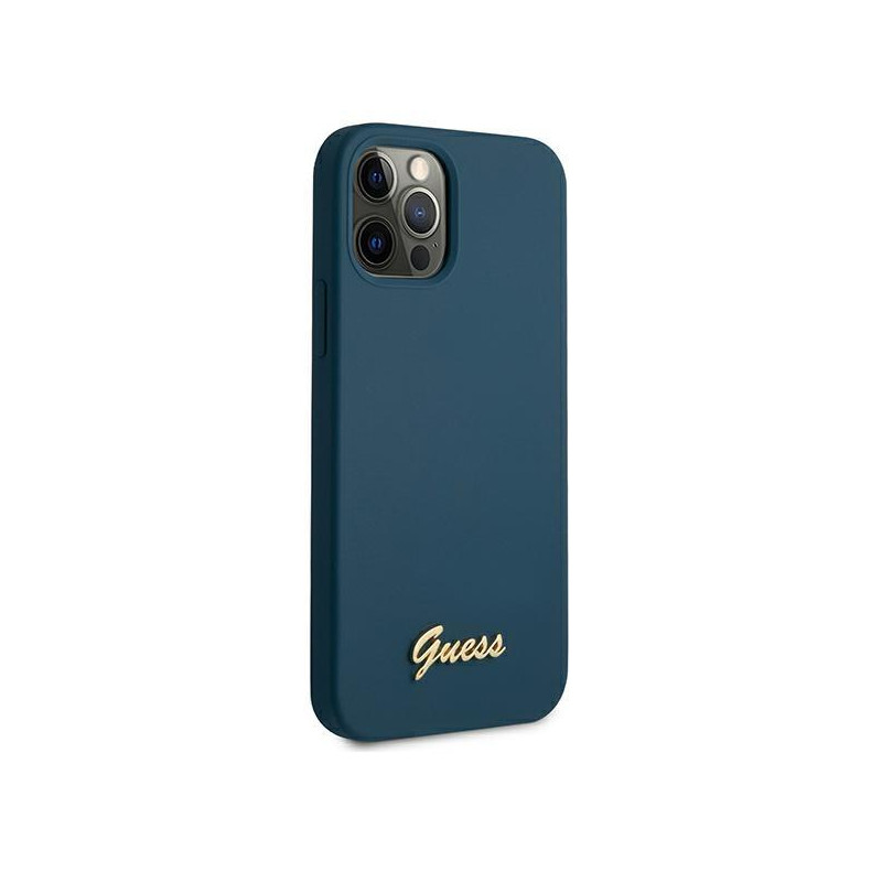 Guess Metal Logo Script dėklas, skirtas iPhone 12 Pro Max - mėlynas