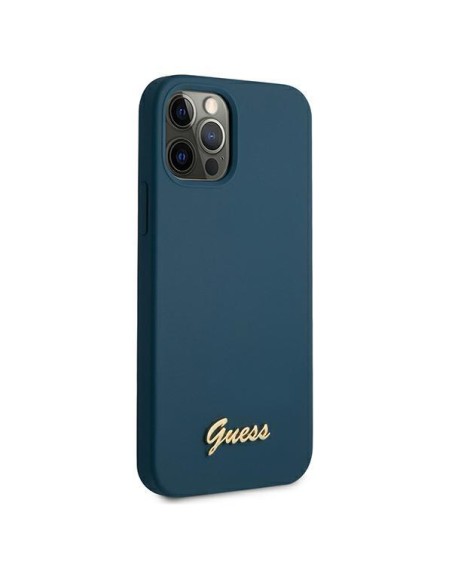 Guess Metal Logo Script dėklas, skirtas iPhone 12 Pro Max - mėlynas