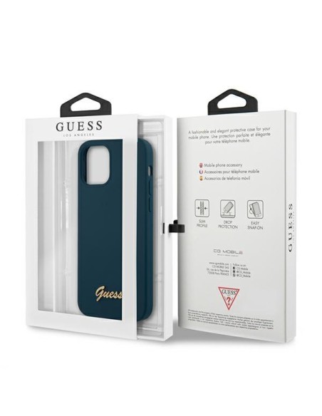 Guess Metal Logo Script dėklas, skirtas iPhone 12 Pro Max - mėlynas