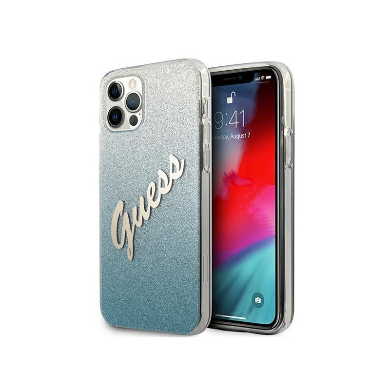 Guess Glitter Gradient Script dėklas, skirtas iPhone 12 Pro Max - mėlynas Guess Glitter Gradient Script dėklas, skirtas iPhone 12 Pro Max - mėlynas
