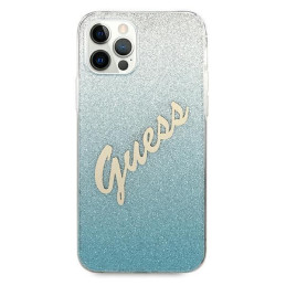 Guess Glitter Gradient Script dėklas, skirtas iPhone 12 Pro Max - mėlynas