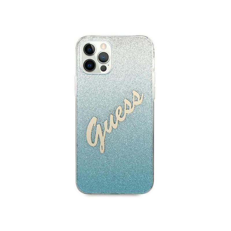 Guess Glitter Gradient Script dėklas, skirtas iPhone 12 Pro Max - mėlynas