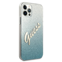 Guess Glitter Gradient Script dėklas, skirtas iPhone 12 Pro Max - mėlynas