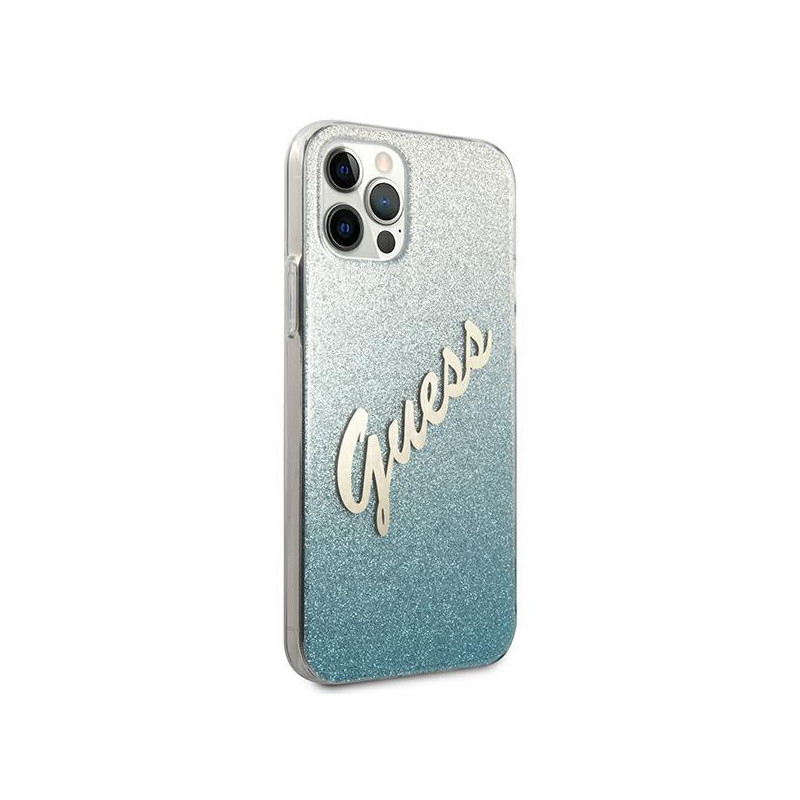Guess Glitter Gradient Script dėklas, skirtas iPhone 12 Pro Max - mėlynas