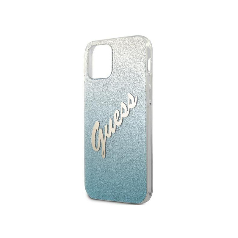 Guess Glitter Gradient Script dėklas, skirtas iPhone 12 Pro Max - mėlynas