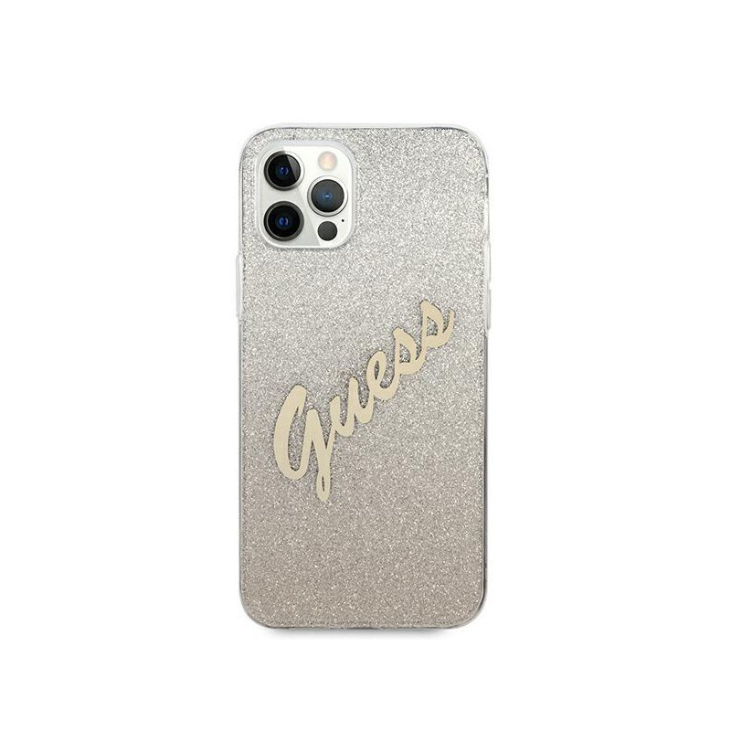 Guess Glitter Gradient Script dėklas, skirtas iPhone 12 Pro Max - auksinis