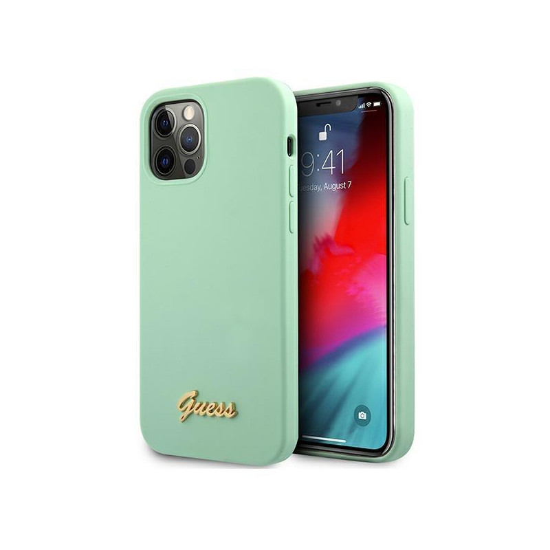 Guess Metal Logo Script dėklas, skirtas iPhone 12 / iPhone 12 Pro - žalias Guess Metal Logo Script dėklas, skirtas iPhone 12 / iPhone 12 Pro - žalias