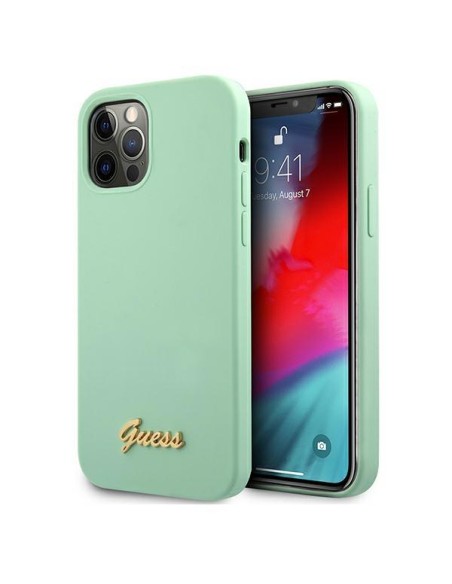 Guess Metal Logo Script dėklas, skirtas iPhone 12 / iPhone 12 Pro - žalias Guess Metal Logo Script dėklas, skirtas iPhone 12 / iPhone 12 Pro - žalias