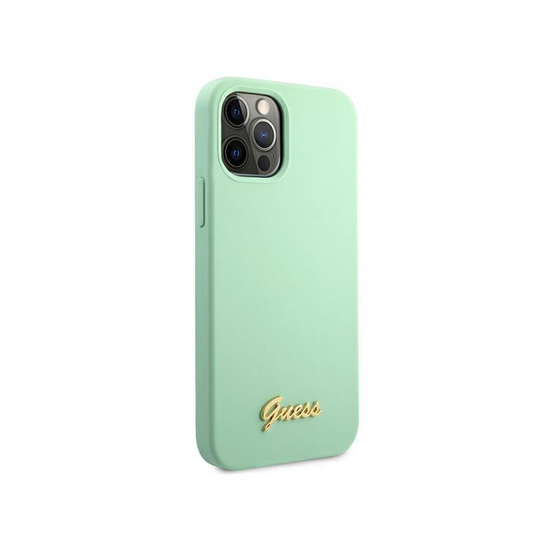 Guess Metal Logo Script dėklas, skirtas iPhone 12 / iPhone 12 Pro - žalias
