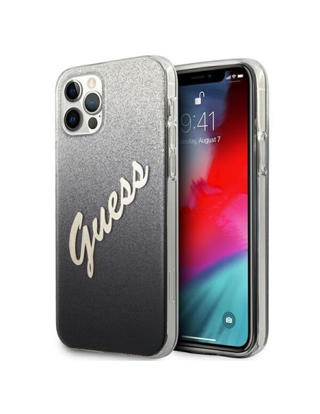 Guess Glitter Gradient Script dėklas, skirtas iPhone 12 / iPhone 12 Pro - juodas Guess Glitter Gradient Script dėklas, skirtas iPhone 12 / iPhone 12 Pro - juodas