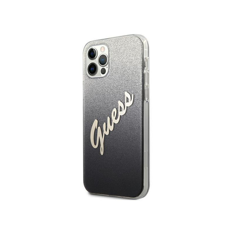 Guess Glitter Gradient Script dėklas, skirtas iPhone 12 / iPhone 12 Pro - juodas