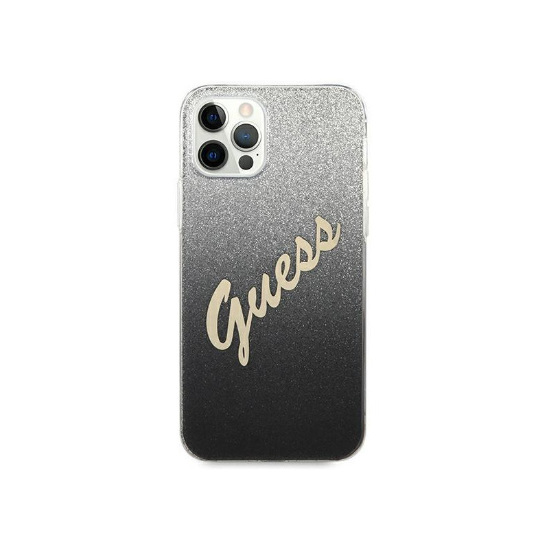 Guess Glitter Gradient Script dėklas, skirtas iPhone 12 / iPhone 12 Pro - juodas