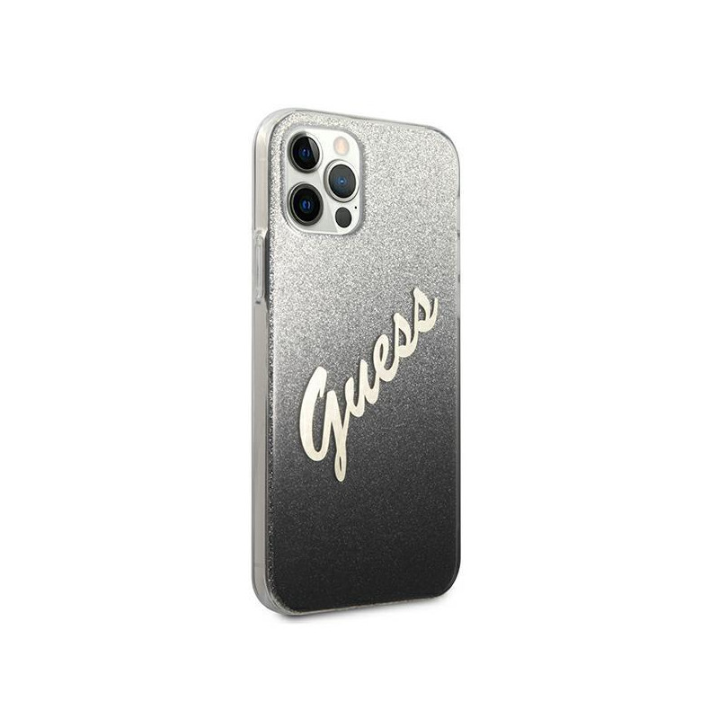 Guess Glitter Gradient Script dėklas, skirtas iPhone 12 / iPhone 12 Pro - juodas